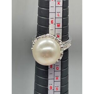 Vintage Style Silver Tone Faux Pearl Filigree Statement Ring Size 7.25